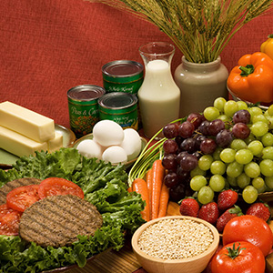 Fruits, vegetables, grains, dairy products, beef.
