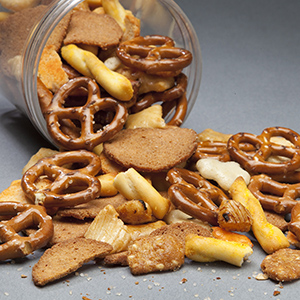 A mix of pretzels and crackers.