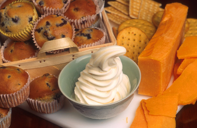 Low-fat muffins, soft-serve ice cream, and cheddar cheese produced with Fantesk