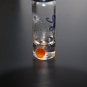 Red droplet of oil in vial of water